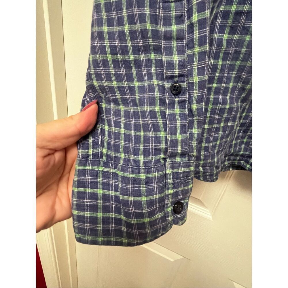 Saks Fifth Avenue Blue & Green Plaid 100% Linen Button Down Shirt Sz L Euc — image 4 of 6